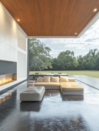 A stylish living room features a large sectional sofa facing a contemporary fireplace, with expansive glass walls providing views of lush greenery and an open landscape.の素材