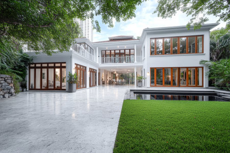 A stunning modern house features large windows and elegant design elements, perfectly blending indoor and outdoor spaces. Lush greenery enhances the serene atmosphere.の素材