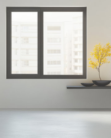 Bright and airy space featuring a large window with soft natural light filtering through. A shelf holds a simple black bowl and a vibrant yellow plant, accentuating the minimalistic design.の素材