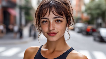 A young woman poses confidently on a city street with soft sunlight illuminating her face. Buildings and traffic create a vibrant urban atmosphere around her.の素材