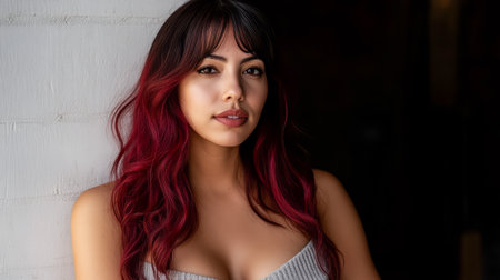 A woman stands against a textured wall, her wavy hair cascading around her shoulders. The soft lighting accentuates her features, creating a captivating atmosphere.の素材
