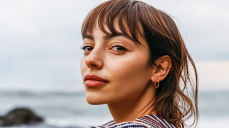 A woman gazes thoughtfully at the ocean, her hair gently tousled by the breeze. The waves crash softly behind her as gray clouds hover in the early morning sky, capturing a moment of tranquility.の素材
