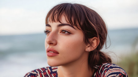 A young woman stands by the shore, looking out at the tranquil ocean. Her relaxed expression reflects a moment of contemplation amidst soft waves and a peaceful natural setting.の素材