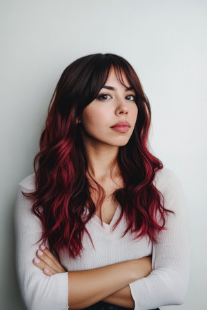 Young woman with wavy hair featuring red highlights stands confidently with arms crossed against a plain white wall. The ambiance is relaxed and modern, highlighting her style.の素材