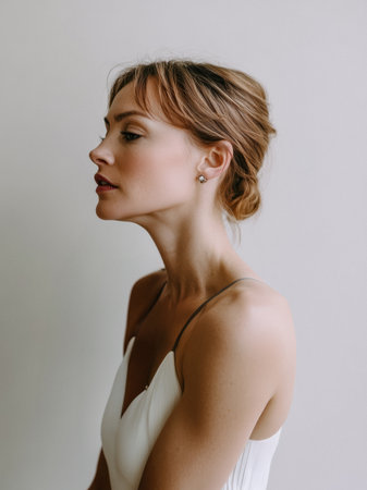 A woman poses gracefully in profile, dressed in a simple white outfit. Soft lighting highlights her features against a neutral background. The atmosphere feels calm and sophisticated.の素材