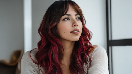 A young woman with long hair featuring red highlights looks pensively out a window in a well-lit, modern indoor setting. Her relaxed posture suggests deep contemplation.の素材