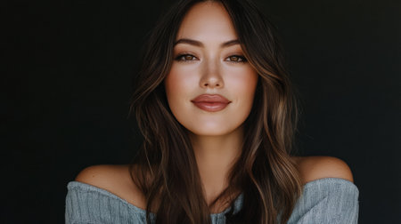 A young woman stands with a relaxed expression, her long hair framing her face, showcasing natural beauty and confidence against a plain dark backdrop.の素材