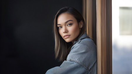 A young woman leans against a wooden window frame, her medium-length hair softly styled. She gazes thoughtfully with a serene expression in a well-lit indoor space.の素材