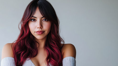 A young woman poses against a plain background, her long, wavy hair featuring shades of red. She has a calm expression, highlighting her confidence and poise.の素材