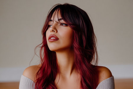 A young woman with long, wavy red hair poses confidently in a neutral-toned indoor space. Her expression is thoughtful, and the natural light enhances her features beautifully.の素材