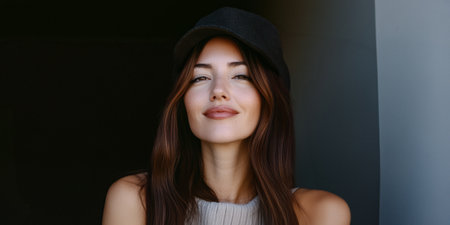 Woman stands against a wall, exuding confidence and style. Her long hair frames her face as she smiles warmly, wearing a trendy hat. This moment captures a sense of effortless beauty.の素材