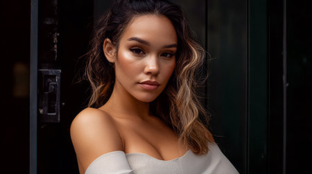 A woman with wavy hair looks confidently at the camera, wearing a stylish off-shoulder top. The setting showcases urban elements with natural light enhancing her features.の素材