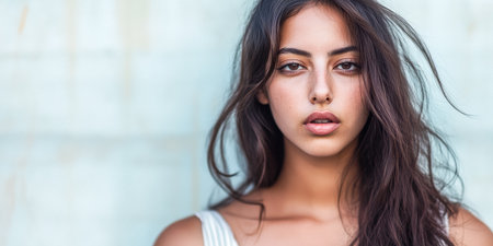 A young woman stands with a confident expression, looking directly at the camera. Her long dark hair flows freely as she poses against a textured wall in soft, natural light.の素材