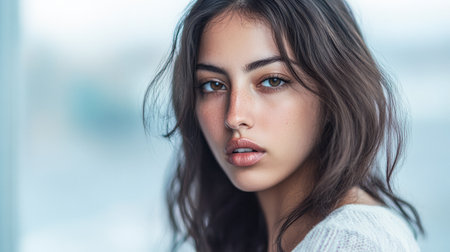 A young woman with long, wavy hair looks directly at the viewer with a contemplative expression. Natural light filters through a nearby window, highlighting her features softly.の素材