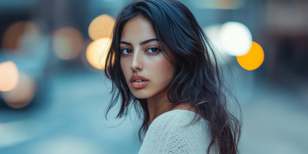 A young woman stands on a city street during dusk, her long hair cascading over her shoulders. She gazes pensively, illuminated by the warm glow of streetlights and distant vehicles.の素材