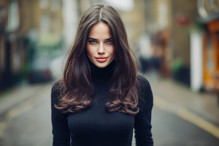 A young woman with long, flowing hair poses on a bustling city street in the daytime. She wears a fitted black top and displays a confident demeanor as she gazes forward.の素材