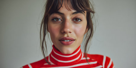 A young woman stands in a red striped turtleneck, looking directly at the camera. Her natural beauty is highlighted by soft lighting in a minimal indoor setting.の素材