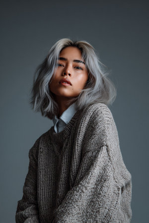 A young woman with striking silver hair is posing confidently in a cozy sweater. The neutral background enhances her unique look, creating an artistic and stylish atmosphere.の素材
