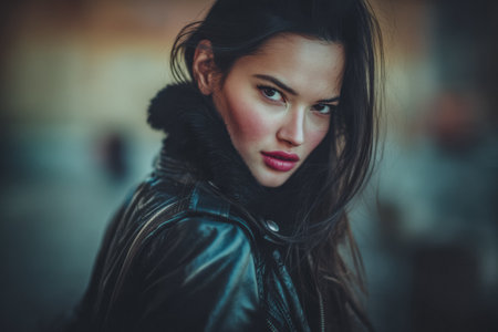 A woman stands confidently in a stylish leather jacket, her long hair cascading down as she gazes intently at the camera.の素材