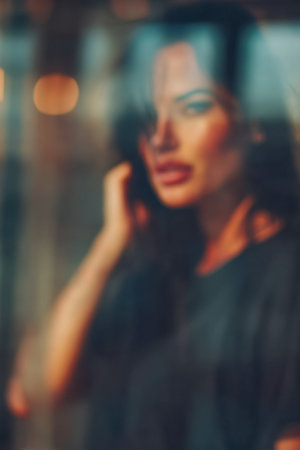 A woman stands close to a glass surface, her expression contemplative as soft evening light creates a dreamy ambiance. The blurred background adds to the intimate feel.の素材