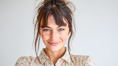 A young woman with freckles and brown hair smiles warmly, showcasing her confidence and joy. She wears a floral-patterned shirt and stands against a neutral background.の素材