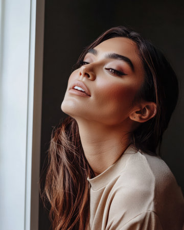 A woman with long hair poses thoughtfully by a window, basking in natural light. Her soft makeup enhances her features, creating a serene atmosphere in the indoor setting.の素材