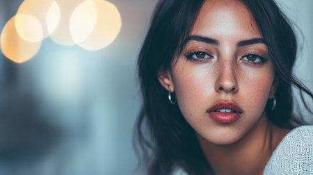 A young woman gazes at the camera with a calm expression, showcasing her natural beauty. Soft lighting creates a warm and inviting atmosphere in the background.の素材