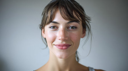 A woman with radiant skin and gentle features smiles warmly, showcasing her natural beauty in soft indoor lighting. Her relaxed expression conveys a sense of tranquility.の素材