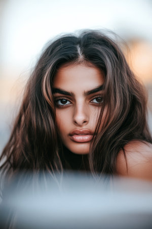 A young woman stands outdoors, her long brown hair cascading around her shoulders. She gazes directly at the camera, creating an intimate and captivating moment filled with warmth and beauty.の素材