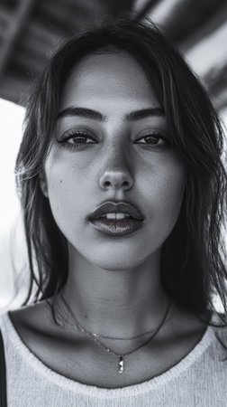 A woman stands outdoors, gazing directly at the viewer with intense expression. The natural light highlights her features, creating a striking portrait that draws attention.の素材