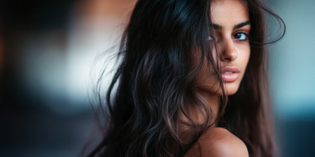 A young woman turns her head slightly, revealing a striking expression. Her long hair cascades down, creating a contrast with a softly blurred urban backdrop, enhancing her allure.の素材