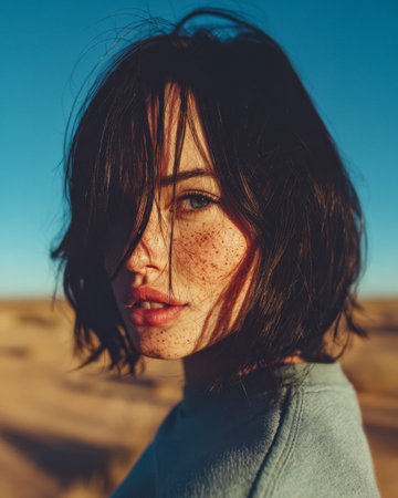 A young woman with dark hair and pronounced freckles stands in a desert. The sun sets, creating a warm glow on her face. Her expression is thoughtful, capturing a moment of serenity.の素材