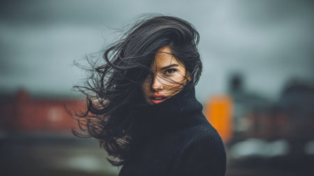 A woman stands outdoors with her hair blowing in the wind, wearing a black sweater. Dark clouds loom overhead as urban buildings color the background, creating a moody atmosphere.の素材
