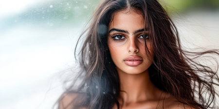 A woman with long, wavy hair stands in front of a beach, with soft light illuminating her features. She gazes directly at the camera, exuding confidence and grace.の素材