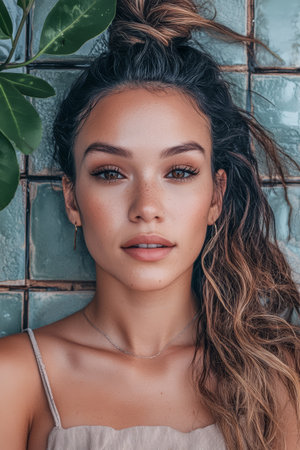 A young woman poses with a serene expression, her long hair styled casually. She stands against vibrant green tiles, surrounded by lush leaves, capturing a moment of tranquility.の素材