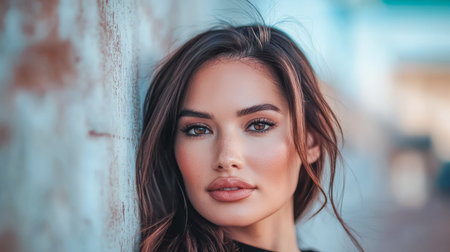 A woman stands confidently against a textured wall, her long hair flowing softly. Sunlight highlights her features, capturing a serene and captivating moment in an outdoor setting.の素材