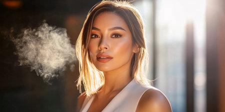 A woman stands in a softly lit urban setting filled with warm sunlight. Smoke gently surrounds her as she confidently gazes into the distance, highlighting her serene expression and beauty.の素材