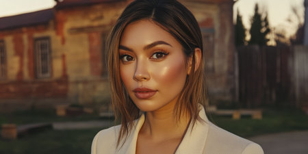 A woman stands in front of an aged building at sunset, radiating confidence and elegance. Her glowing skin and stylish outfit reflect the warm hues of the evening sky.の素材