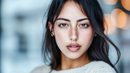 A young woman gazes directly at the camera with a serene expression, her features softly illuminated by ambient light. She has long, dark hair and a natural look, emphasizing her beauty.の素材