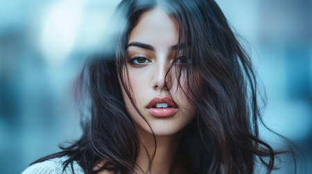 A young woman stands in an urban environment, her long dark hair gently blowing in the breeze. Soft light from the setting sun accentuates her features, creating an intimate atmosphere.の素材
