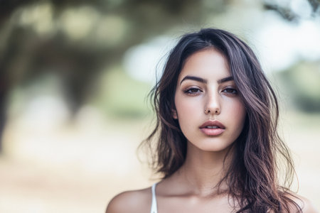 A young woman stands gracefully in a sunlit outdoor setting, surrounded by blurred greenery. Her natural beauty shines as she gazes thoughtfully into the distance, evoking a sense of calm.の素材