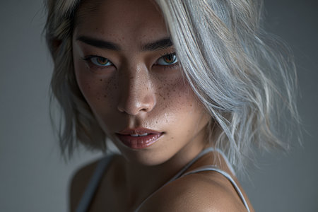 A young woman with silver hair poses confidently, showcasing her unique features and freckles. Soft lighting accentuates her captivating gaze and artistic expression.の素材