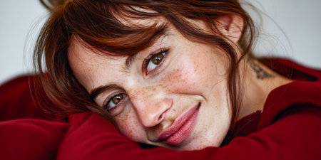 A young woman with vibrant auburn hair and charming freckles shares a joyful smile, resting against her arms in a relaxed indoor setting filled with natural light.の素材