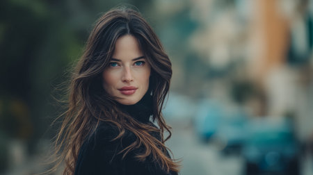 A young woman smiles while standing on a lively street. The soft evening light reflects on her hair as she enjoys the atmosphere around her, showcasing a blend of urban energy and personal calm.の素材
