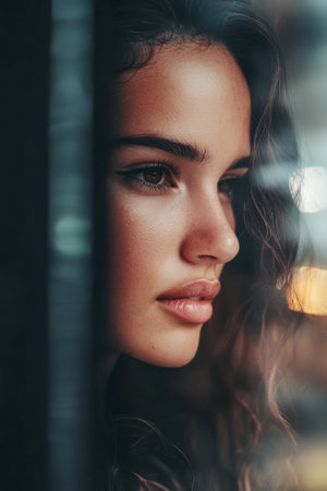 A young woman with curly hair looks out pensively through a window, raindrops trickling down the glass in a warm, inviting cafe atmosphere during late afternoon.の素材