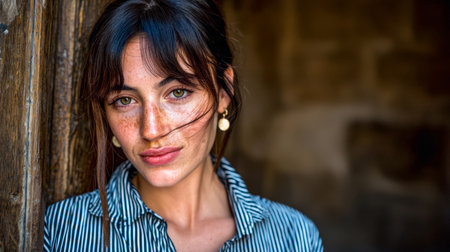 A young woman stands by a weathered wooden door, wearing a striped shirt. Her freckled skin and green eyes are highlighted by the soft natural light. The atmosphere is warm and inviting.の素材