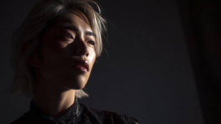 A person with light-colored hair gazes thoughtfully, their face partially illuminated by soft light spilling into a dim room.の素材