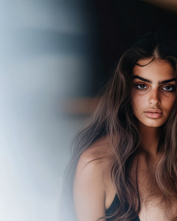 A young model stands elegantly in soft, natural light, displaying her long hair and striking eyes. The relaxed atmosphere highlights her serene expression and confidence.の素材