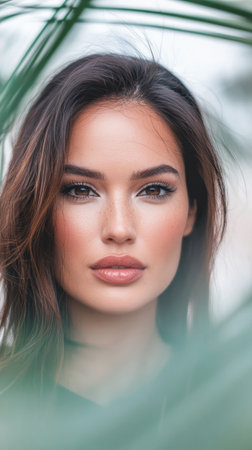 A woman stands gracefully in a lush, green environment. Her serene expression and striking features highlight a moment of natural beauty amid palm leaves, creating an inviting atmosphere.の素材