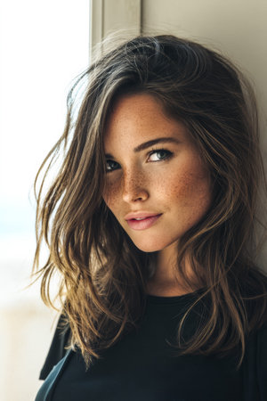 A young woman stands by a window, her wavy hair cascading around her shoulders. Freckles accentuate her clear skin as she gazes thoughtfully outside, enjoying the serene morning light.の素材